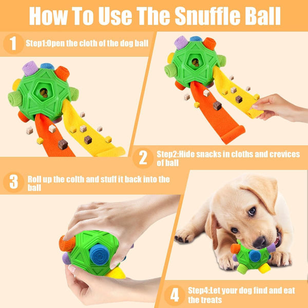 Dog Snuffle Ball-Interactive Puzzle Dog Toys Encourage Natural Foraging Skills Slow Feeder for Training and Stress Relief, Cloth Strip Hiding Food Dog Toys with Squeaky Carrot Toy for Any Size4