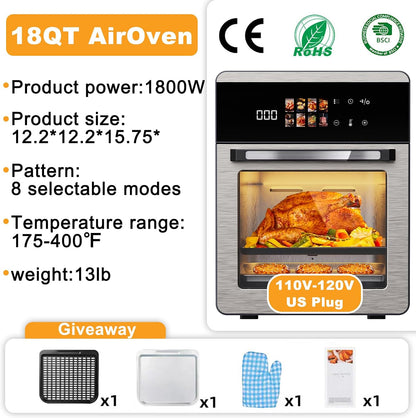18QT Large Air Fryer Oven with Touch Screen Display, 10-In-1 Air Fry, Roast, Bake, Broil, Dry, Frozen, Proof Combo with Window, Family-Size, Multi-Function, Healthy Cooking 120V7