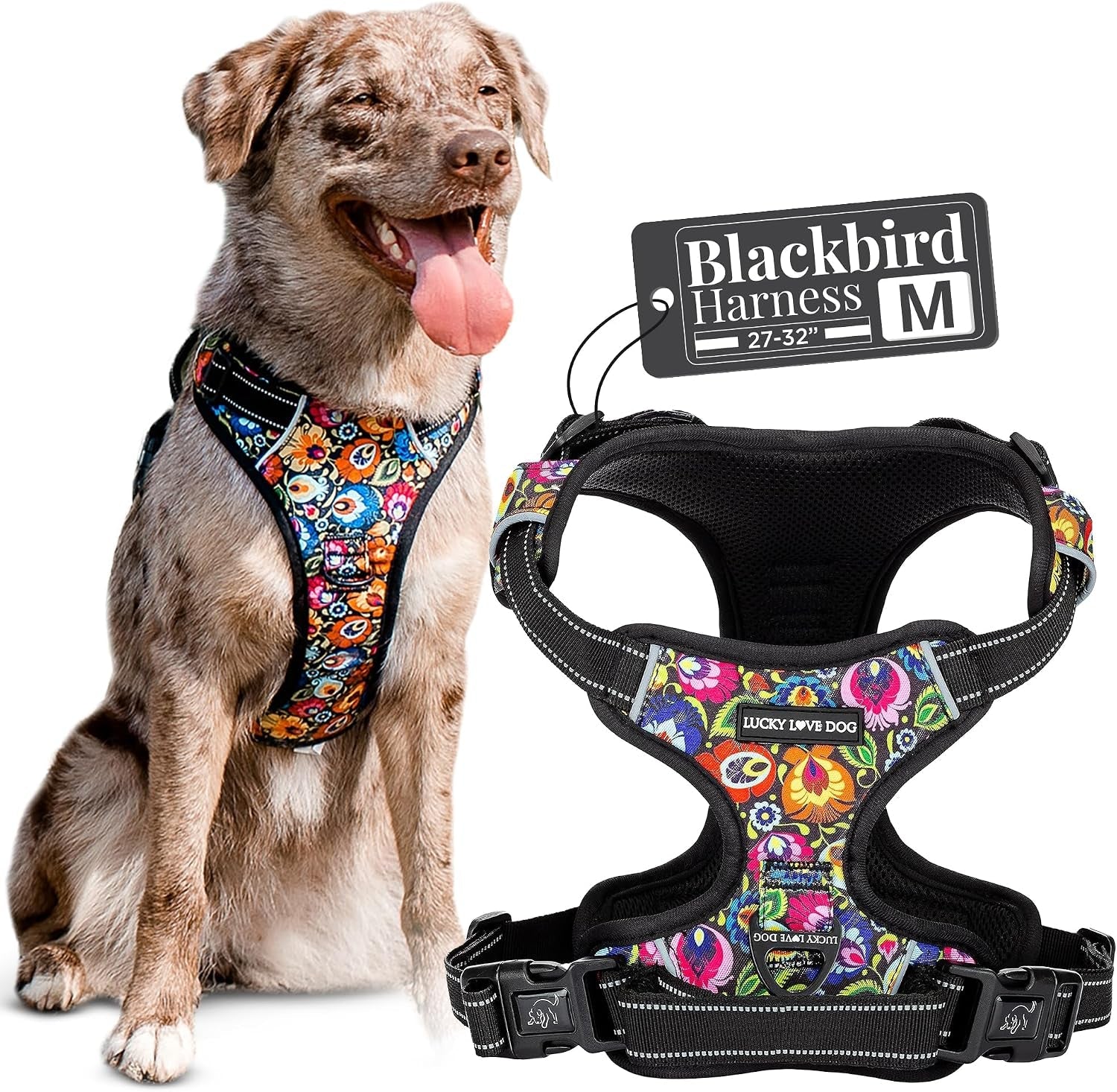 lucky-love-dog-no-pull-dog-harness-adjustable-and-easy-to-walk-cute-patterned-harness-for-medium-male-female-dogs-blackbird-medium