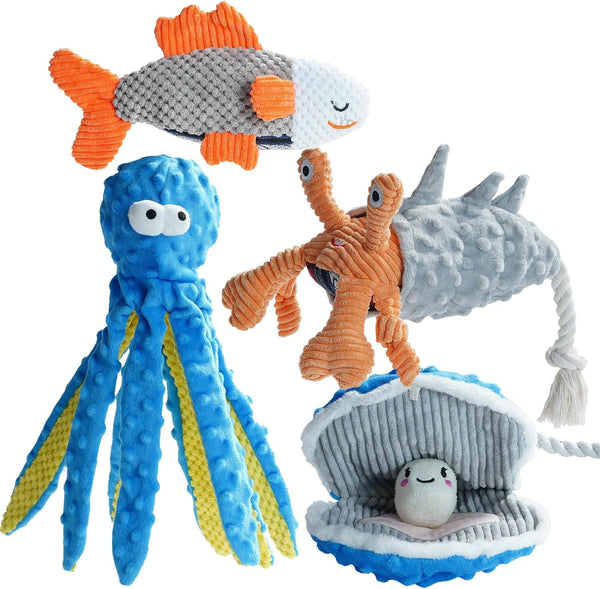Nocciola 4 Packs Crinkle Squeaky Dog Toys for Aggressive Chewers, Tough Durable Stuffed Plush Rope Tug Puppy Chew Toy for Small Medium Large Breeds1