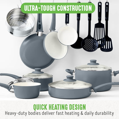 16 Piece Ceramic Nonstick Pots & Pans Cookware Set, Gray | Pfas-Free Nonstick Coating, Stockpot, Frying Pans, Saucepans, Sauté Pan, Stay-Cool Handles, Dishwasher & Oven Safe up to 350F5