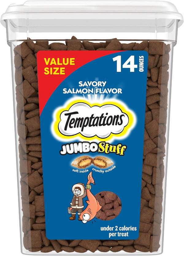 Temptations Jumbo Stuff Crunchy & Soft Cat Treats, Salmon, 14 Oz | Bigger than Classic Temptations, Crunchy Outside, Soft Inside, under 2 Calories per Treat, Stay-Fresh Resealable Tub1