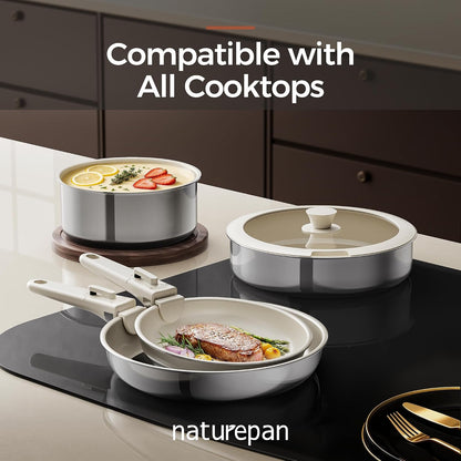 5PCS Pots and Pans Set Non Stick, Diamond-Titanium Ceramic Cookware Set & 3 Layer Stainless Steel with Detachable Handle, Induction Cookware, Non Toxic Oven/Dishwasher Safe, White6