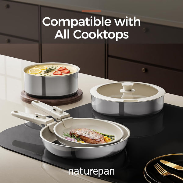 5PCS Pots and Pans Set Non Stick, Diamond-Titanium Ceramic Cookware Set & 3 Layer Stainless Steel with Detachable Handle, Induction Cookware, Non Toxic Oven/Dishwasher Safe, White6