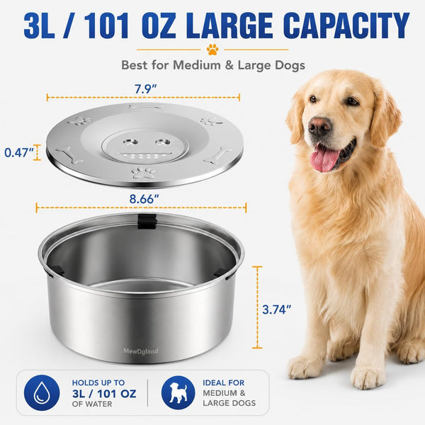 Dog Water Bowl No Spill, 3L/101Oz Stainless Steel Slow Feeder Dog Bowl with Floating Disk, Spill Proof Dog Water Bowl Dispenser for Messy Drinkers, anti Splash Large Dog Bowl with Filter3