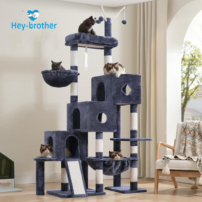 Hey-Brother Cat Tree Tower with 3 Condos, Step Climbing Pathway MPJ081G | 74.8 Inches Scratching Post with 3 House, Hammock, Large Basket, Cozy Bed, Sisal Board, Toys for Big Indoor Cats, Smoky Gray8