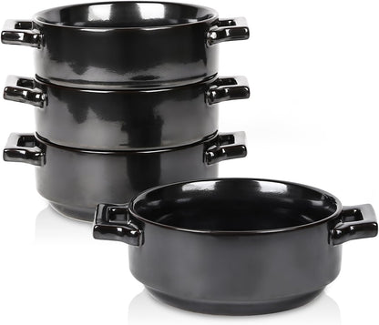 Ceramic Soup Bowls with Handles, 24 Oz Porcelain Soup Crocks for French Onion Soup, Cereal, Beef Stew, Chill, Pasta, Pot Pies, Microwave and Oven Safe, Set of 4 (Black)1