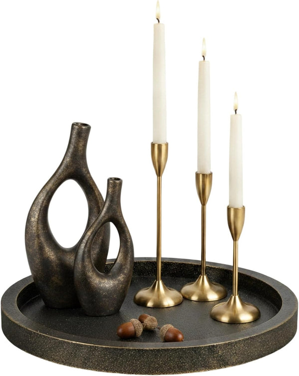 round Decorative Tray for Coffee Table Decor, Vintage Brass Finish | 11.8" Small Circle Wood Candle Holder Plate for Rustic Farmhouse Living Room, Kitchen Centerpiece, Entryway1