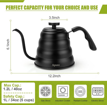Tea Kettle with Thermometer,Black Gooseneck Coffee Kettle Pot Stovetop,40Oz | Stovetop Tea Kettle,Teapot Pour over Kettle,1200Ml,6 Cup, 1Pack3