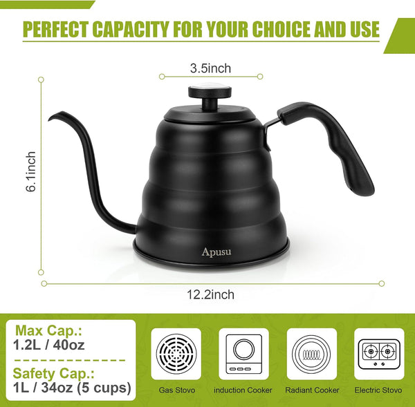 Tea Kettle with Thermometer,Black Gooseneck Coffee Kettle Pot Stovetop,40Oz | Stovetop Tea Kettle,Teapot Pour over Kettle,1200Ml,6 Cup, 1Pack3