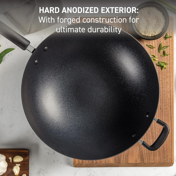 Ultimate Hard Anodized Nonstick Wok 14 Inch, Oven Broiler Safe 350F, Non Stick Stir-Fry Pan, Cookware, Pots and Pans, Kitchen, Versatile Deep Frying, Sauté, Braise, Stew, Dishwasher Safe, Onyx2