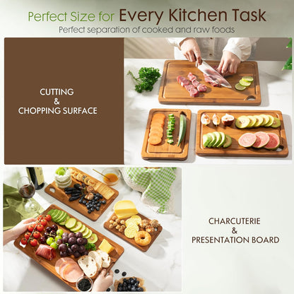 Deep-Carbonized Bamboo Cutting Boards for Kitchen with Wood Storage Stand, Reversible Charcuterie & Chopping Boards with Juice Grooves and Easy-Grip Handles, Fathers Day Gift for Men2