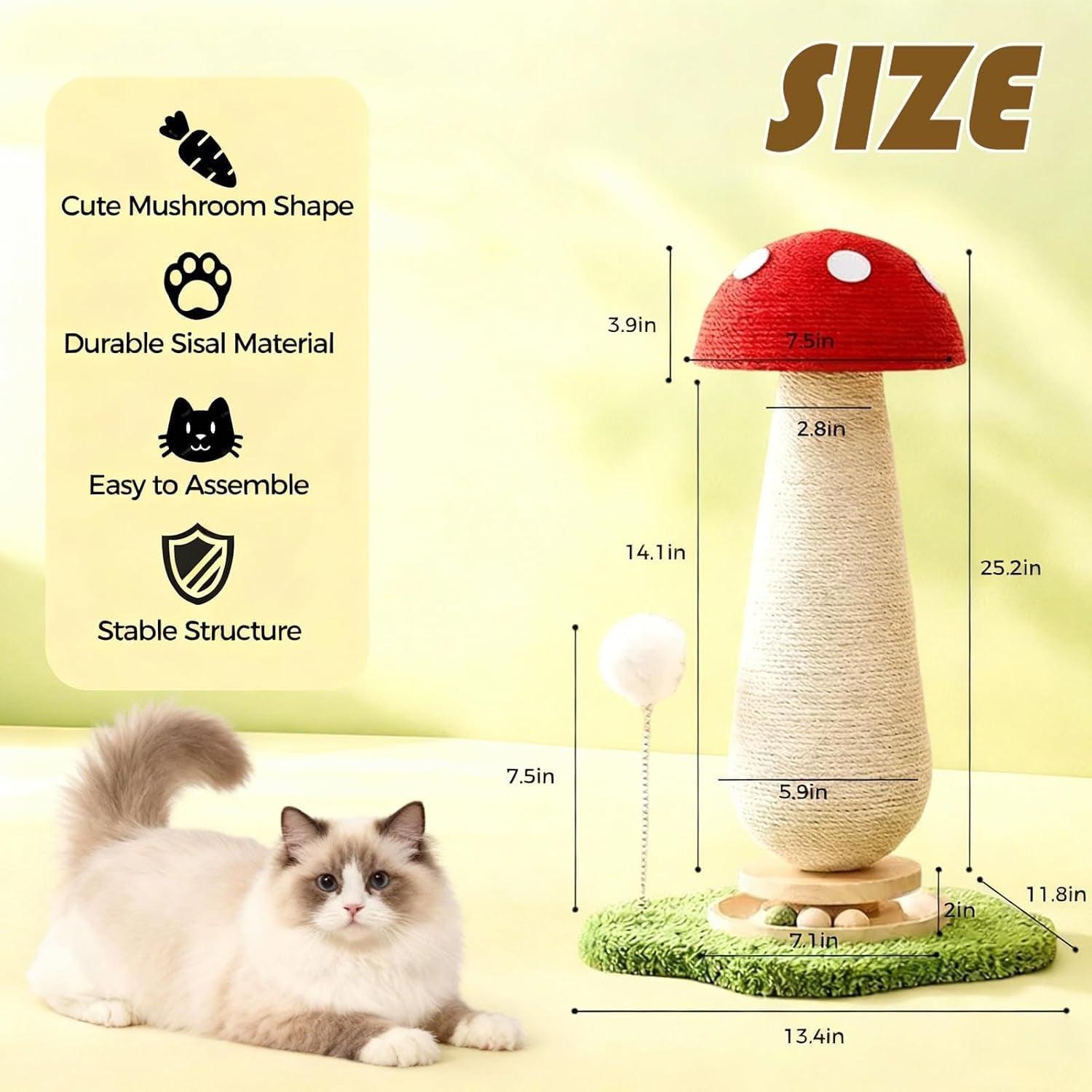 mushroom-cat-scratcher-tower-interactive-ball-track-spring-ball-cat-scratching-post-sisal-kitty-activity-center-for-indoor-cats-kittens-sturdy-wide-base-25-2-inch-red