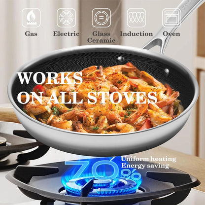 Woks & Stir-Fry Pans Nonstick-Hybrid Tri-Ply Stainless Steel Wok10" Nonstick Skillet with Lid,Wave Etch Textured Interior,Dishwasher Safe & Oven Safe PTFE & PFOA FREE Kitchen Cookware for All Cooktops3
