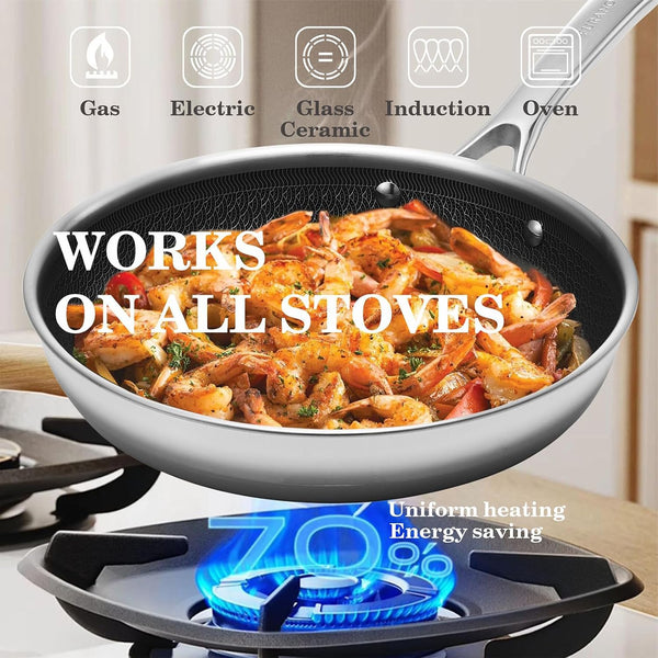 Woks & Stir-Fry Pans Nonstick-Hybrid Tri-Ply Stainless Steel Wok10" Nonstick Skillet with Lid,Wave Etch Textured Interior,Dishwasher Safe & Oven Safe PTFE & PFOA FREE Kitchen Cookware for All Cooktops3