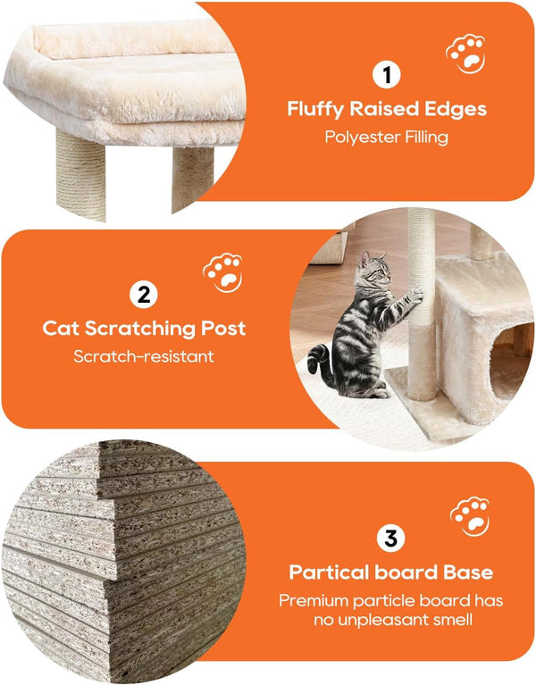 SYANDLVY 27" Cat Tree for Indoor Cats, Activity Tower with Scratching Posts | Modern Kitten Condo with Plush Perch & Hanging Ball for Play, Beige5
