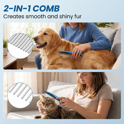 Double-Sided Pet Grooming Rake - 4-In-1 Professional Pet Grooming Kit Deshedding Dematting Tool for Dogs Cats Extra-Wide Grooming Brush & Deshedder Comb for Long & Short Haired Pets (Blue Kit 4PCS)3