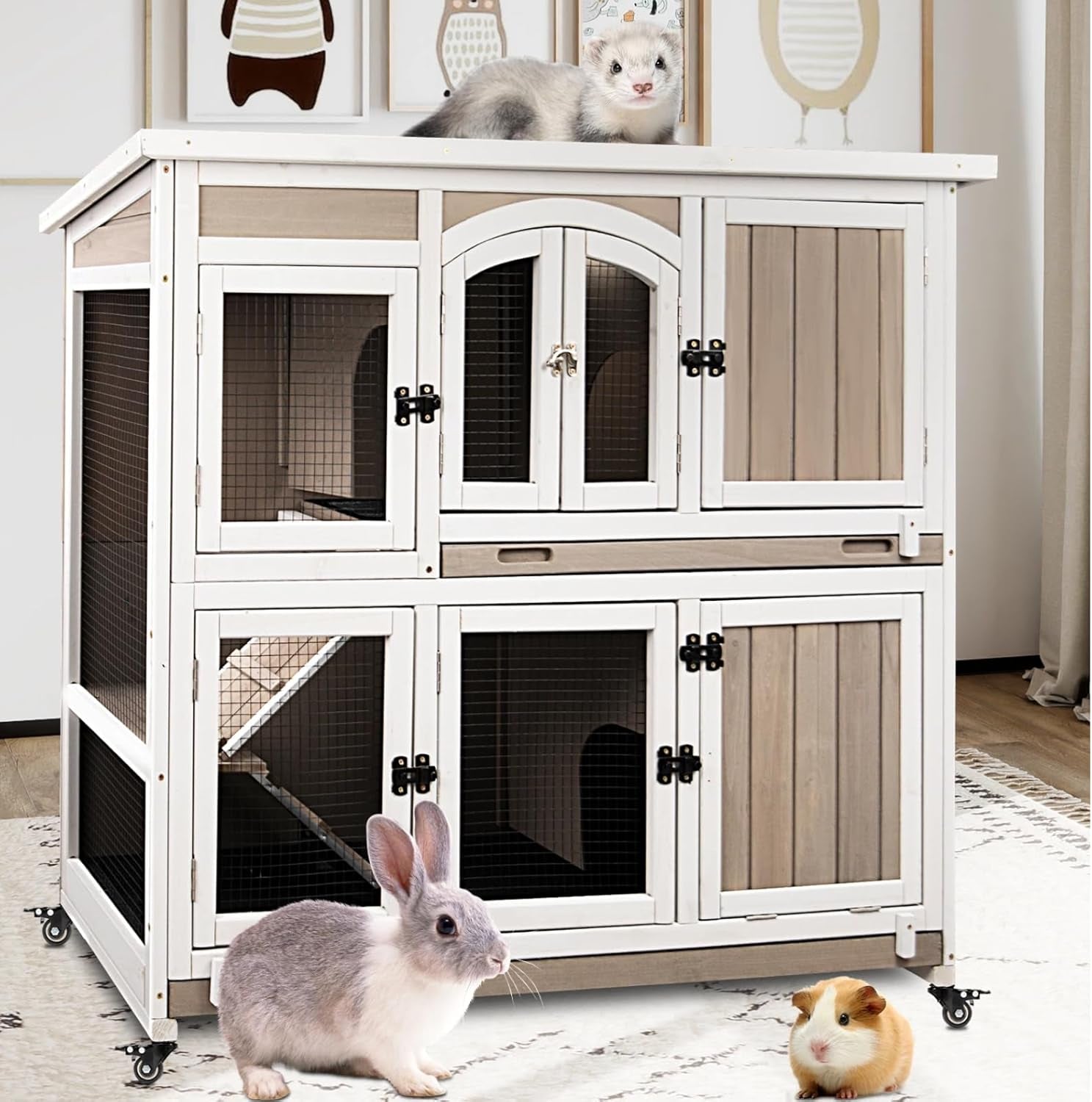2-story-rabbit-hutch-outdoor-indoor-wooden-bunny-cage-with-6-lockable-wheels-3-removable-no-leakage-pull-out-trays-chew-proof-ramp-waterproof-roof-ideal-for-rabbit-guinea-pig