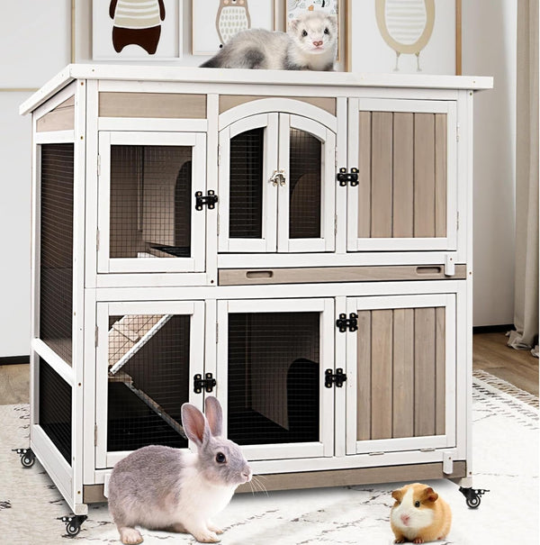 2 Story Rabbit Hutch Outdoor Indoor, Wooden Bunny Cage with 6 Lockable Wheels, 3 Removable No Leakage Pull Out Trays, Chew-Proof Ramp & Waterproof Roof, Ideal for Rabbit & Guinea Pig9