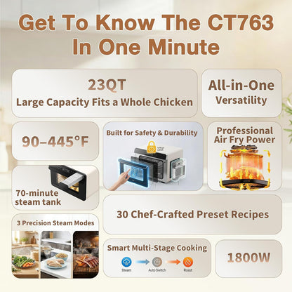 Toaster Air Fryer Combi Oven, Countertop Steam Oven 14-In-1 with Convection Steam Roast & Bake, Multi-Stage Cooking, Self-Clean, 7 Modes, 30 Built-In Recipes, for Kitchen Pizza Baking (White)9