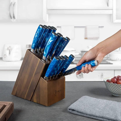 SENKEN 16-Piece Knife Block Set - Japanese High Carbon Stainless Steel with Damascus Pattern, Blue Resin Handles, 6 Steak Knives & Acacia Hardwood Block (Blue)3