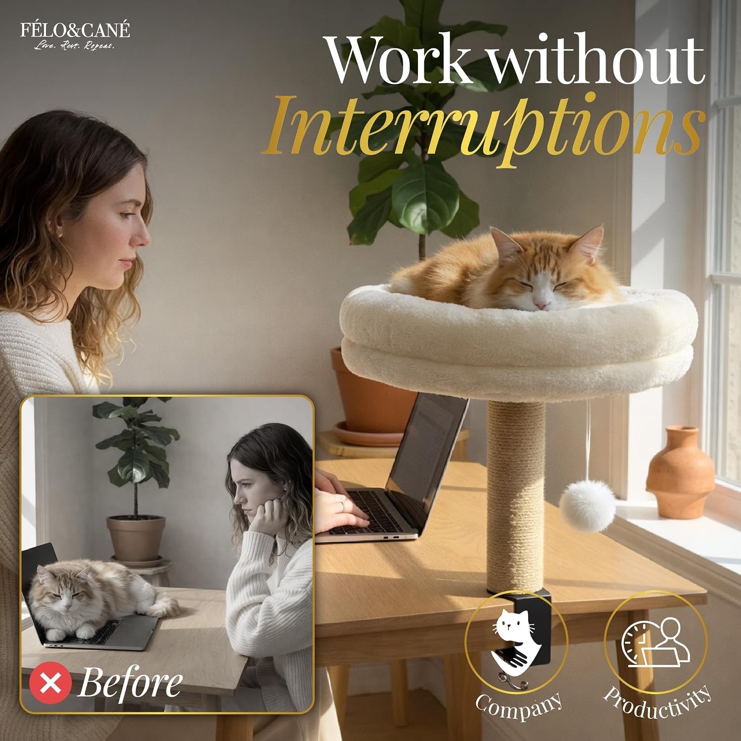 felo-cane-desk-cat-bed-with-scratching-post-toy-ball-space-saving-clamp-on-cat-hammock-for-desk-elevated-cat-perch-for-work-from-home-sturdy-metal-frame-soft-plush-cushion-up-to-11-lbs