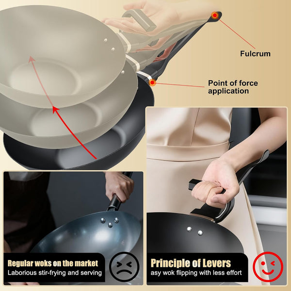 Carbon Steel Wok Pan, Non-Stick Sauté Pan Nitriding Process,13 Inch Woks & Stir-Fry Pans Nonstick with Ergonomic Handle, Cookware, Pots and Pans,Versatile Bottom Chinese Woks for All Stoves4