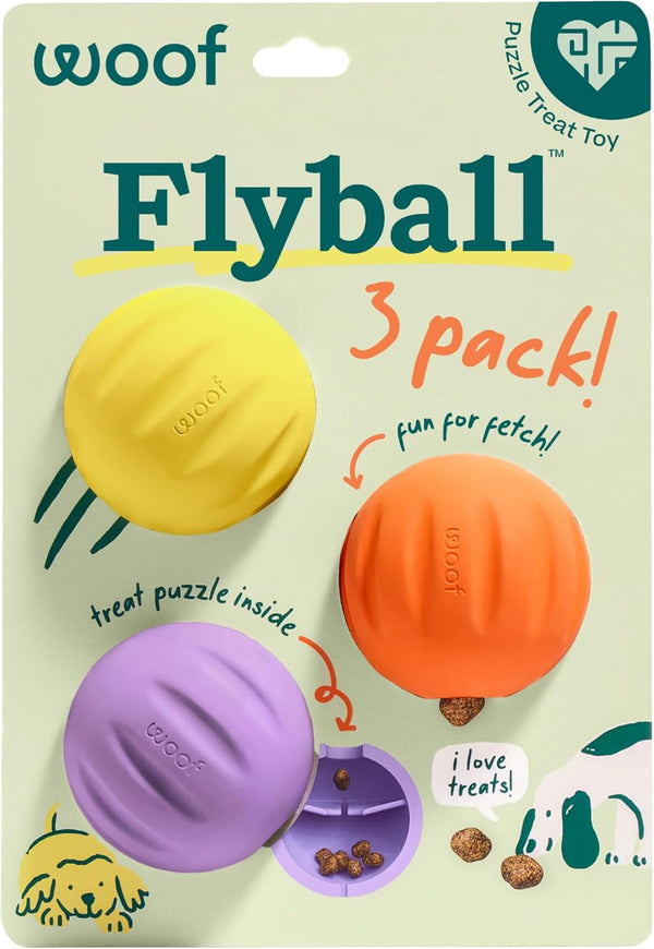 WOOF Flyball Fetch Ball & Dog Treat Dispenser Toy, 3-Pack | 2-In-1 Fetch Ball, Fits Standard Ball Launchers, Treat Dispenser, Durable Rubber, Dishwasher Safe, Puzzle Enrichment1