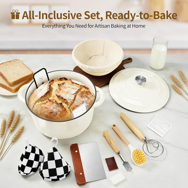 Enameled Cast Iron Dutch Oven Pot 6.5 QT with Lid for Bread Baking | Cookware Incl. Sourdough Bread-Baking Supplies like Banneton, Dough Whisk, Gloves, Oven Safe for Stews, Roasting, Cream White2