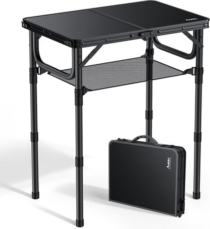 Folding Camping Table, 24"X 16" Adjustable Height Small Folding Table | with Storage Net, Aluminum Compact Folding Table, Lightweight, Portable Table for Outdoor Travel Cooking Picnic, Pure Black1