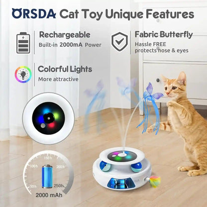 ORSDA Cat Toy, 3-In-1 Automatic Interactive Electronic Moving Ambush Feather, Fluttering Butterfly, Track Balls, USB Rechargeable Powered Smart Indoor Exercise Kicker3
