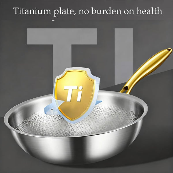 Titanium Hammered Wok, No Coating Non Stick Titanium Cookware, Durable Scratch-Resistant Titanium Frying Pans, Even Heating for Cooking with All Cooktops, Dishwasher Safe,No Lid,10.23In6