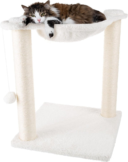 19-Inch Cat Scratching Post with Hammock ? Sisal Fabric and Carpet Small Cat Tree, Hanging Ball Toy for Adult Cats and Kittens by PETMAKER (White)1