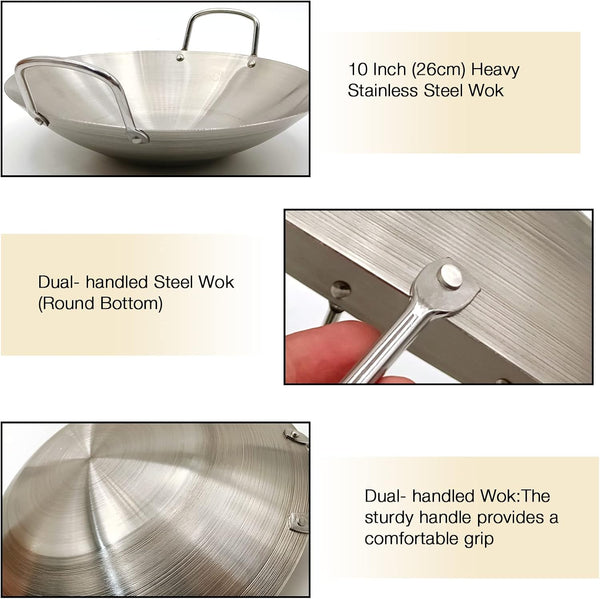 Stainless Steel Wok 10 Inch/ 26Cm, round Bottom Dual- Handled Heavy Wok, Traditional Canton Style Frying Pan Multi- Cooking Wok Stir Fry Pan for Kitchen Restaurant Home (Small)6