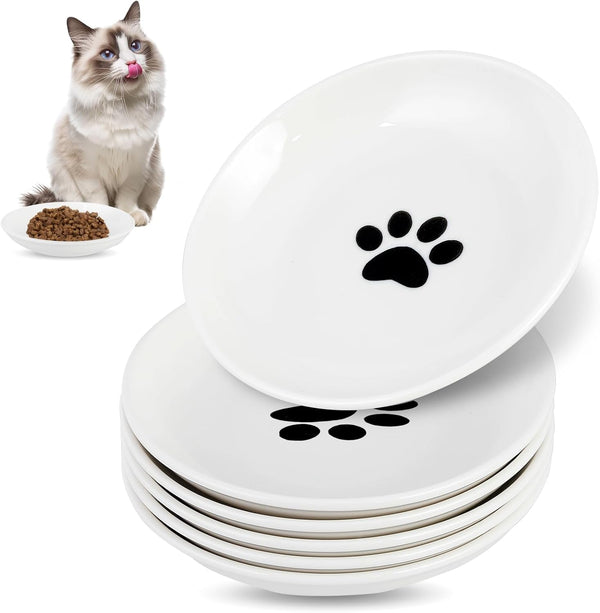 6 Pack Cat Food Bowl, Ceramic Cat Bowls, anti Whisker Fatigue Cats Bowl Set | 5.5 Inches Shallow Wide Kitten Plates for Food and Water (White-A)13