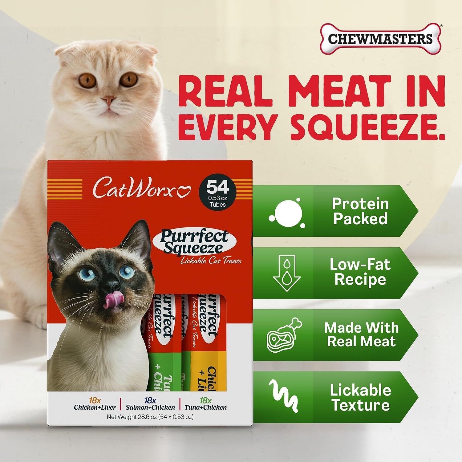 catworx-by-chewmasters-purrfect-squeeze-lickable-soft-cat-treats-54-pack-creamy-puree-squeeze-tubes-for-kittens-and-adult-cats-hand-feeding-snack-or-food-topper-training-reward-0-53-ounce