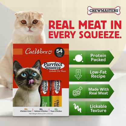 Catworx by Chewmasters Purrfect Squeeze Lickable Soft Cat Treats - 54 Pack | Creamy Purée Squeeze Tubes for Kittens and Adult Cats - Hand Feeding Snack or Food Topper - Training Reward, 0.53 Ounce2