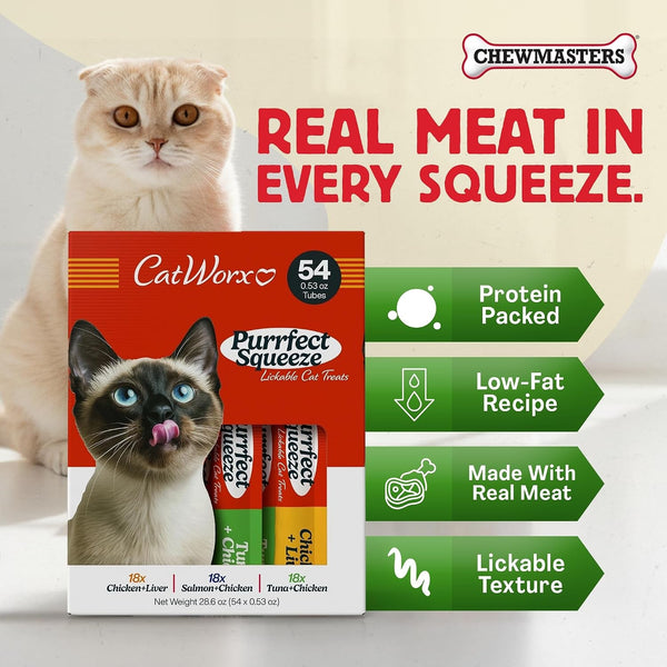 Catworx by Chewmasters Purrfect Squeeze Lickable Soft Cat Treats - 54 Pack | Creamy Purée Squeeze Tubes for Kittens and Adult Cats - Hand Feeding Snack or Food Topper - Training Reward, 0.53 Ounce2