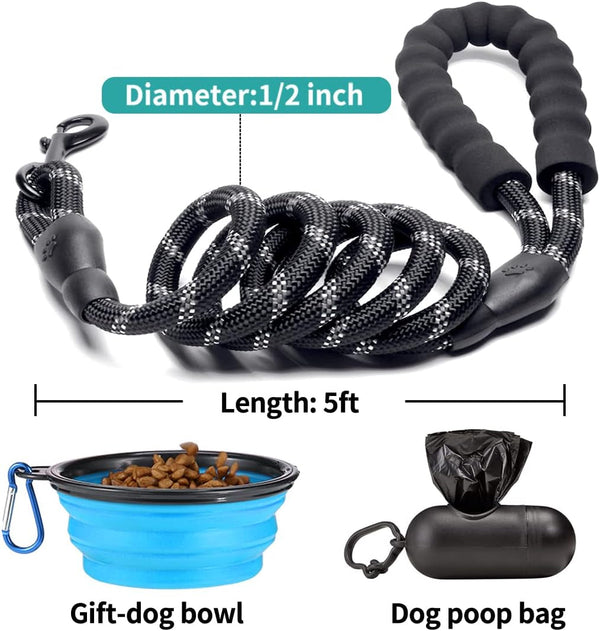 COOYOO 2 Pack Dog Leash 5 FT Heavy Duty - Comfortable Padded Handle - Reflective Dog Leash for Medium Large Dogs with Collapsible Pet Bowl6