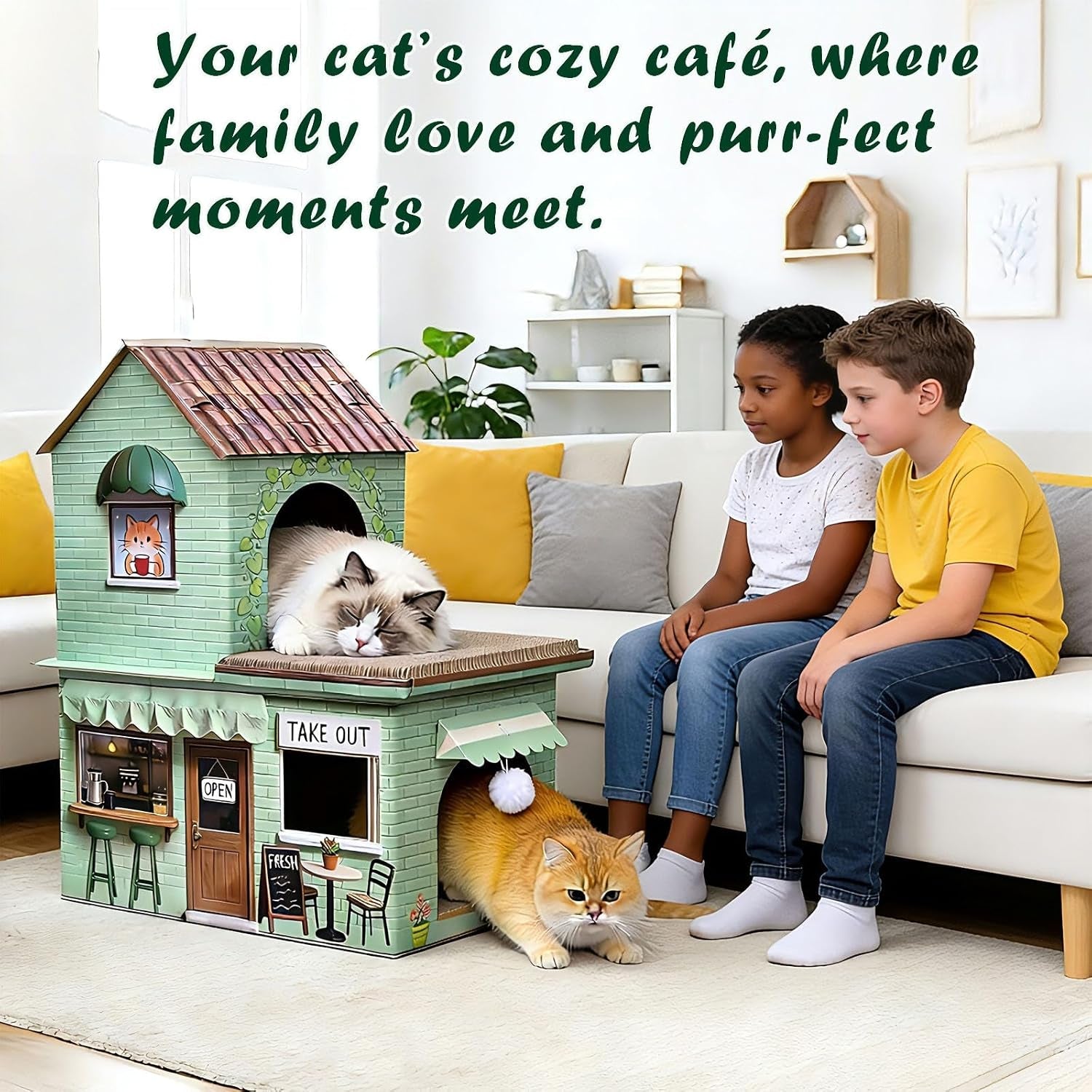 cardboard-cat-scratcher-house-double-layer-coffee-shop-design-sage-green-5-layer-corrugated-window-cutouts-4-scratching-boards-plush-ball-catnip-indoor-multi-cat-house-for-cats-up-to-20-lbs