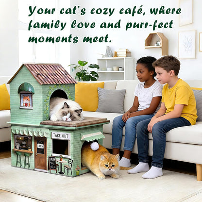 Cardboard Cat Scratcher House, Double Layer Coffee Shop Design, Sage Green, 5-Layer Corrugated, Window Cutouts, 4 Scratching Boards, Plush Ball & Catnip, Indoor Multi Cat House for Cats up to 20 Lbs2