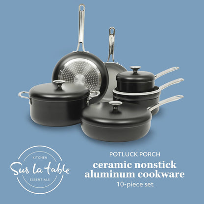 Sur La Table Kitchen Essentials Potluck Porch 10 Piece PFA Free Ceramic Non Stick Interior Forged Aluminum Cookware Pots and Pans Set W/Aluminum Lids - Black - Induction Compatible2