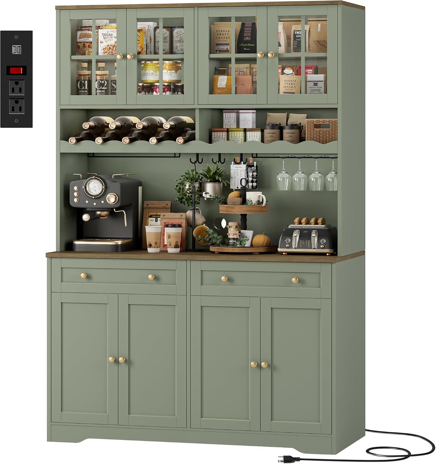 75-kitchen-pantry-storage-cabinet-coffee-bar-hutch-cabinet-green-tall-pantry-cabinet-with-charging-station-wide-countertop-glass-doors-wine-rack-cup-holder-drawers-dining-room