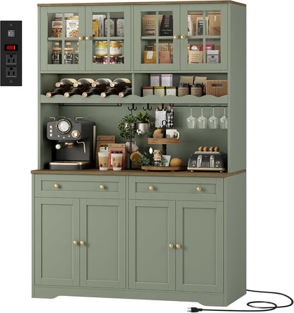 75" Kitchen Pantry Storage Cabinet, Coffee Bar Hutch Cabinet, Green | Tall Pantry Cabinet with Charging Station / Wide Countertop / Glass Doors / Wine Rack / Cup Holder / Drawers, Dining Room1