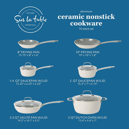 Sur La Table Kitchen Essentials 10 Piece PFA Free Non-Toxic Titanium Ceramic Nonstick Interior Forged Aluminum Cookware Pots and Pans Set - Linen White - Induction Compatible2