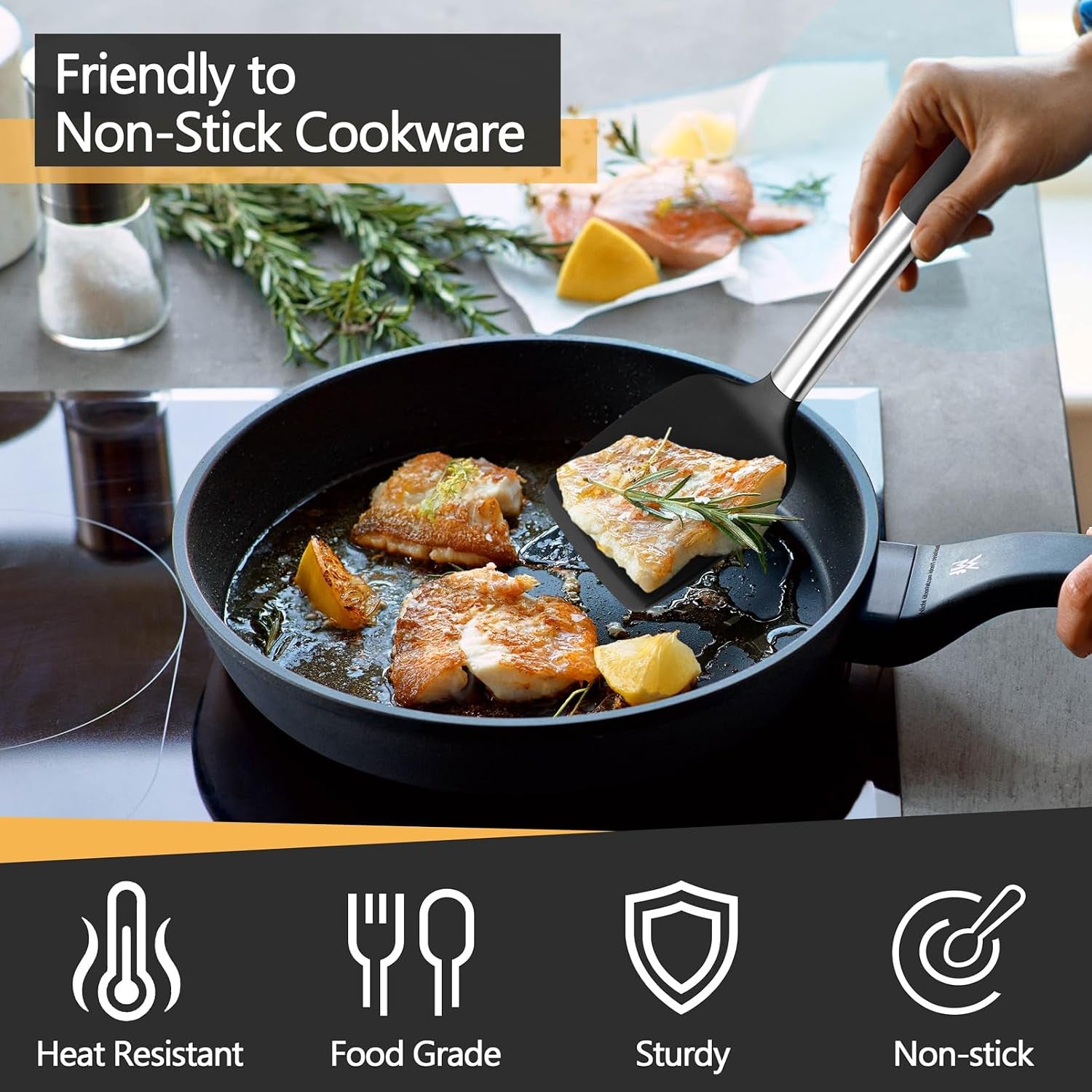 black-kitchen-cooking-utensil-set-of-4-slicone-head-steel-body-silicone-solid-spatulas-slotted-spoons-turners-for-non-stick-cookware-flipping-mixing-heat-proof