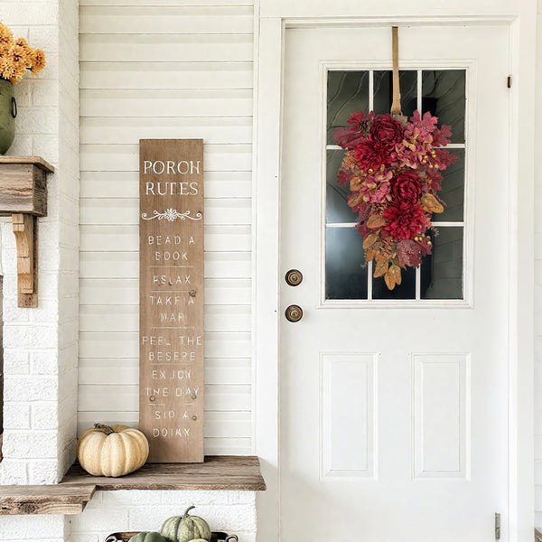 24" Fall Swag Fall Swags for Front Door Decorating Teardrop Swag with Red Hydrangea Peonies Dahlia Handmade Fake Autumn Wreath Outdoor Indoor Halloween Farmhouse Harvest Decorations for Home5