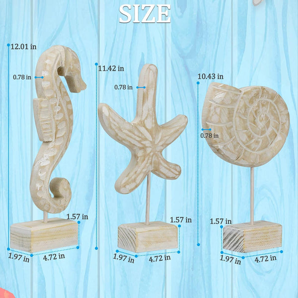 3Pcs Wood Starfish/Conch/Seahorse Statue Beach Ocean Coastal Decor | Nautical Style Figurines for Beach or Home, Tabletop Decor, Home Decor, Handmade Ornament2