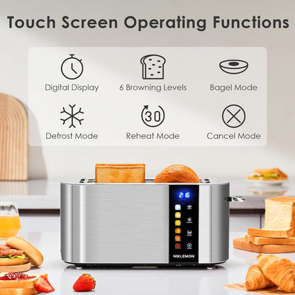 4 Slice Toaster,  Full Stainless Steel Toaster with LED Display, Touch Buttons with Long Extra Wide Slots, Bagel, Defrost, Reheat, Cancel Functions, Removable Crumb Tray, 1300W2