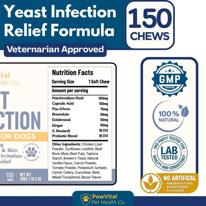 Natural Yeast Infection Treatment for Dogs, 150 Chews – anti Yeast Support for Itchy Skin & Ears – Helps Reduce Irritation & Paw Licking – Probiotic + Herbal Blend – Bacon Flavored Soft Chews6